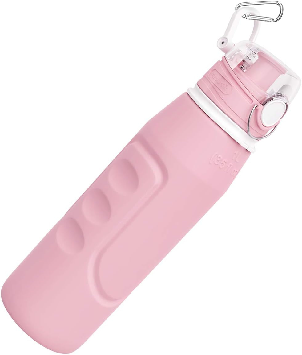 1L Collapsible Water Bottle BPA Free Portable Large Travel Mug Reusable Sports Bottle (35 Oz Pink)