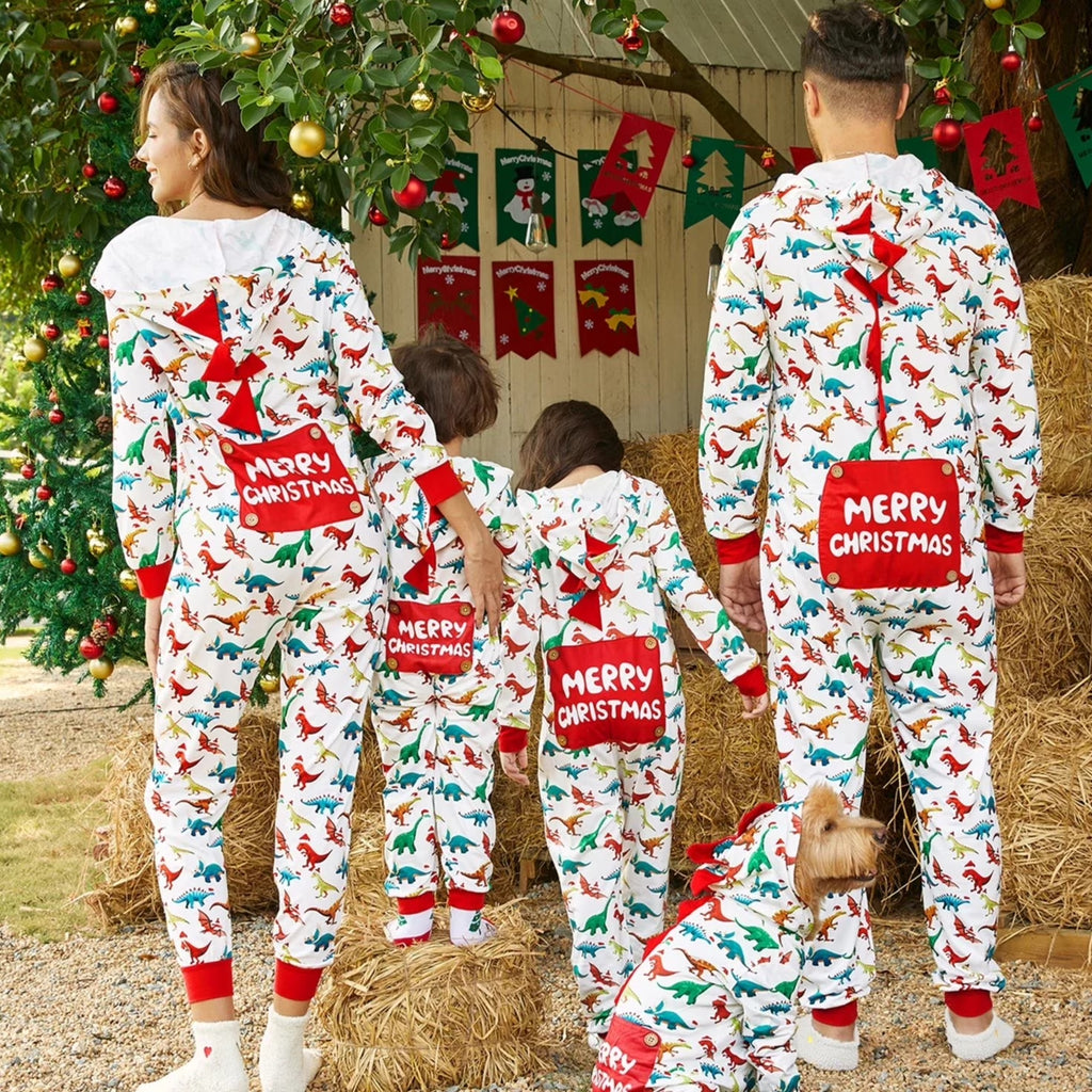 Baby Christmas Pajamas Family Matching Hooded One Piece Long Sleeve Dinosaur Costume Sleepwear Newborn Infant Clothes with Christmas Socks 12-18 Months