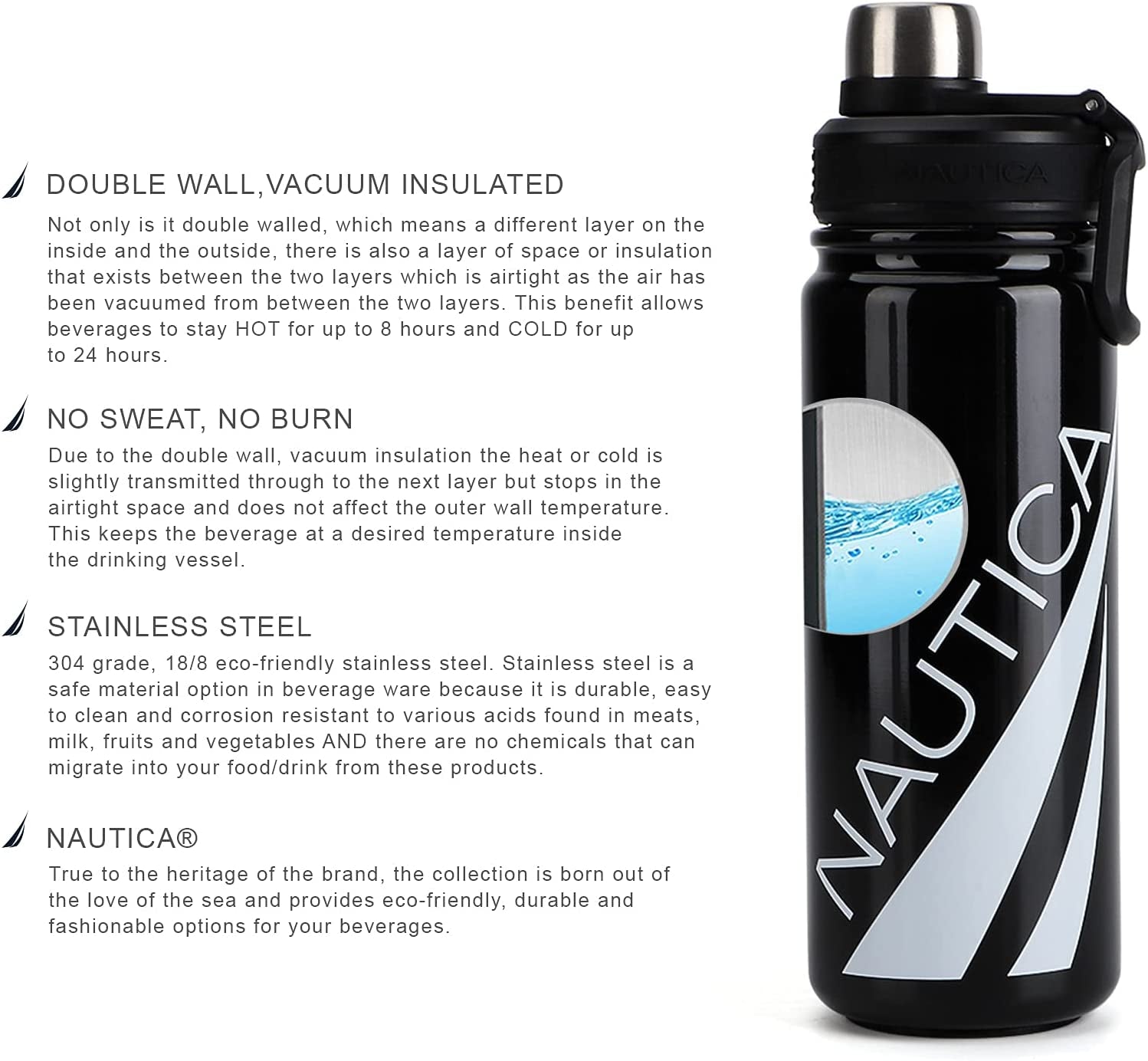 Water Bottle, Insulated Water Bottle, Stainless Steel Water Bottles, Metal Water Bottle, Big Water Bottle, Reusable Water Bottle, Dual Mouth Chug Cap/ Wide Mouth Opening - Keel